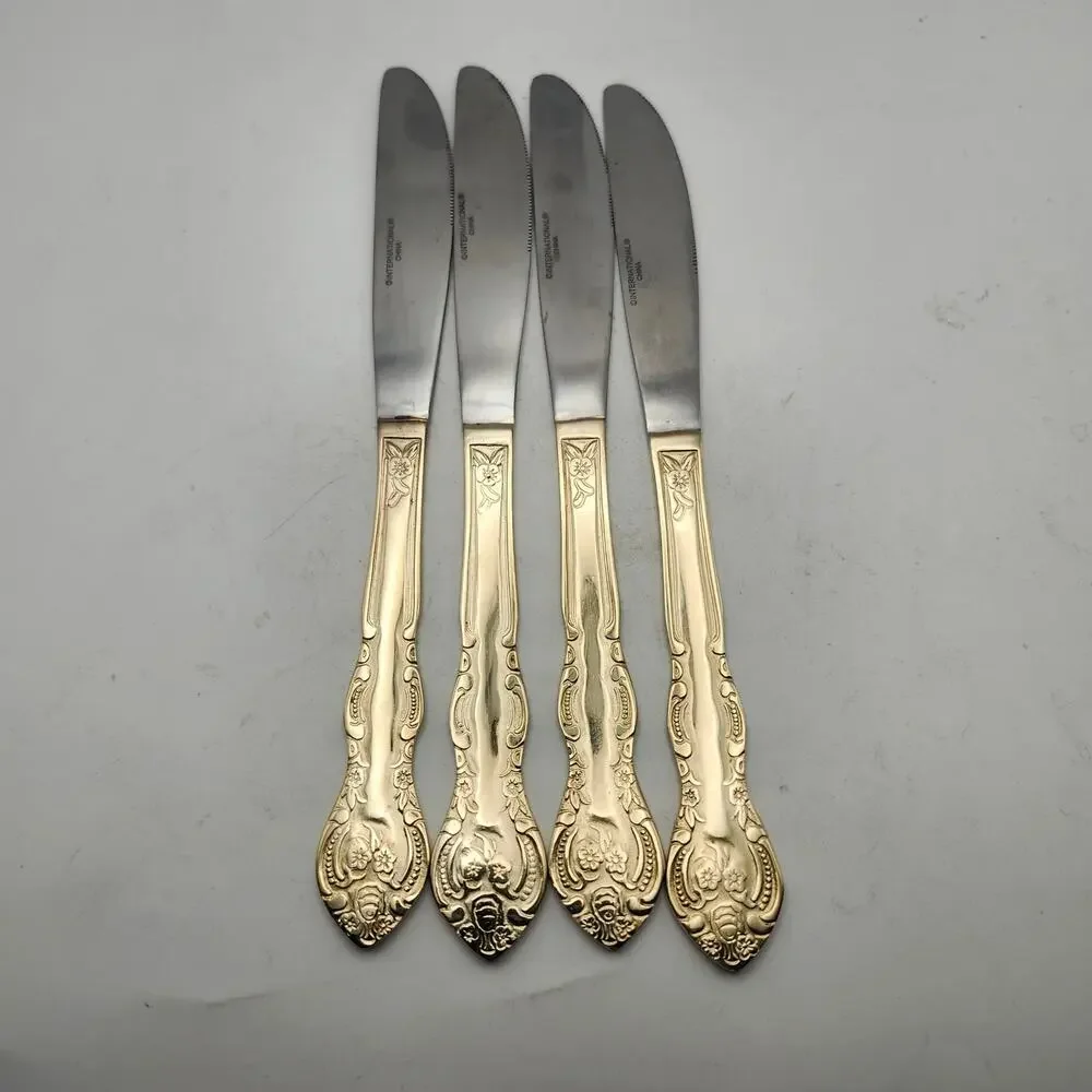 International San Marcos Gold Electroplate Flatware 8.75 Dinner Knives Lot of 4